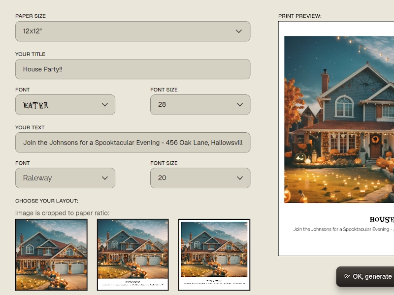 Screen capture of print preview with custom font choice, paper sizes orientation.