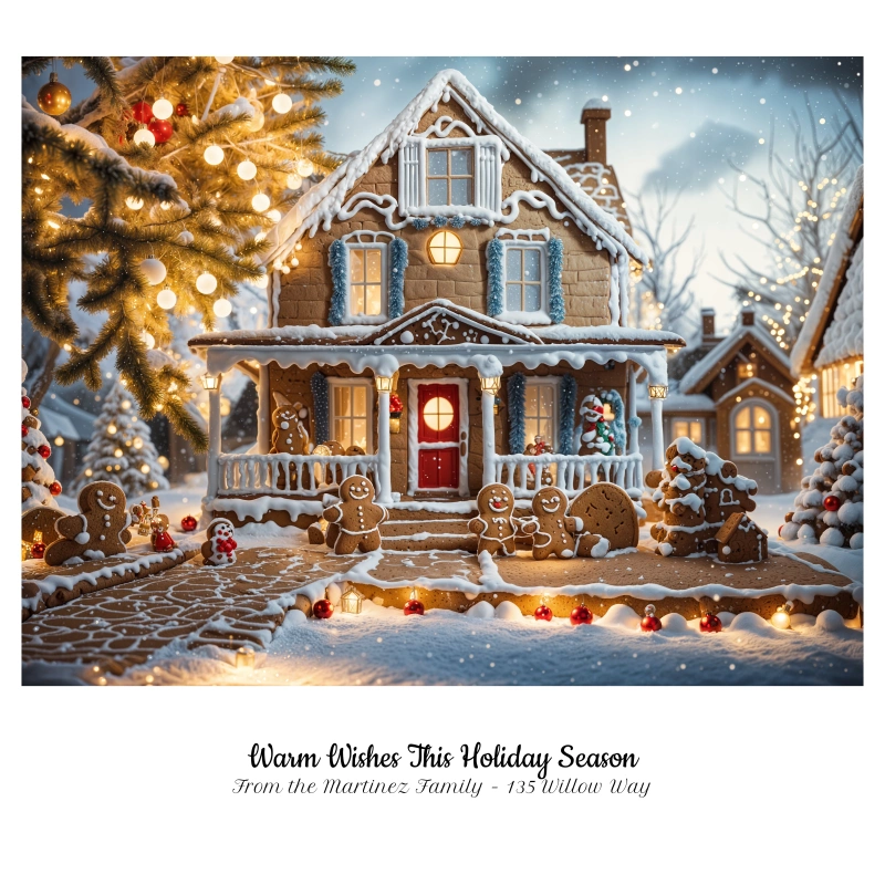 Gingerbread House: Sweet for Christmas greetings or client thank-yous.