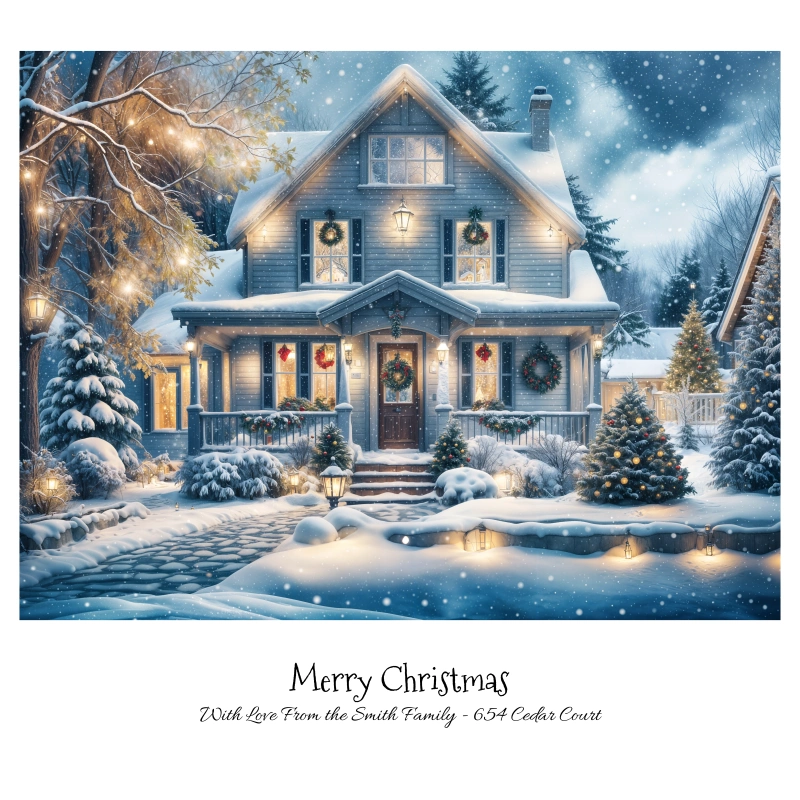 Under the falling snow: Ideal for winter listing cards or holiday wishes.