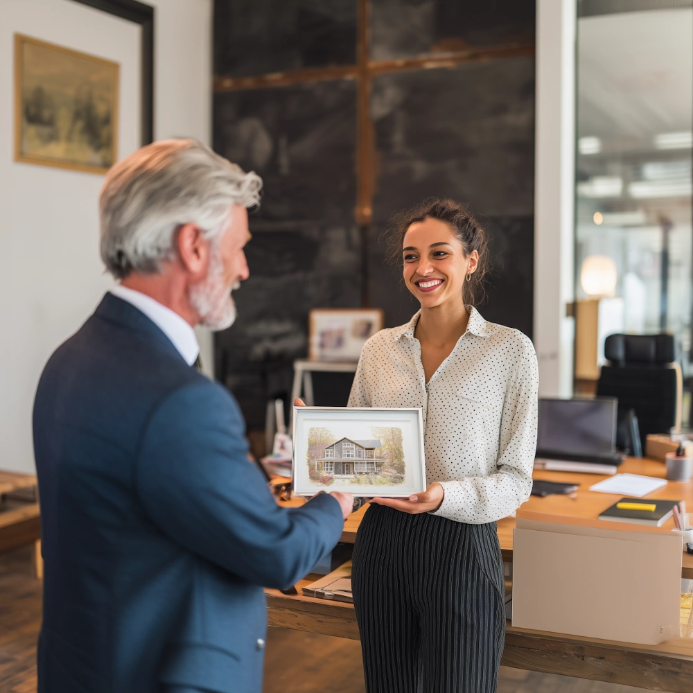 Realtor gifting a framed house portrait to a client.